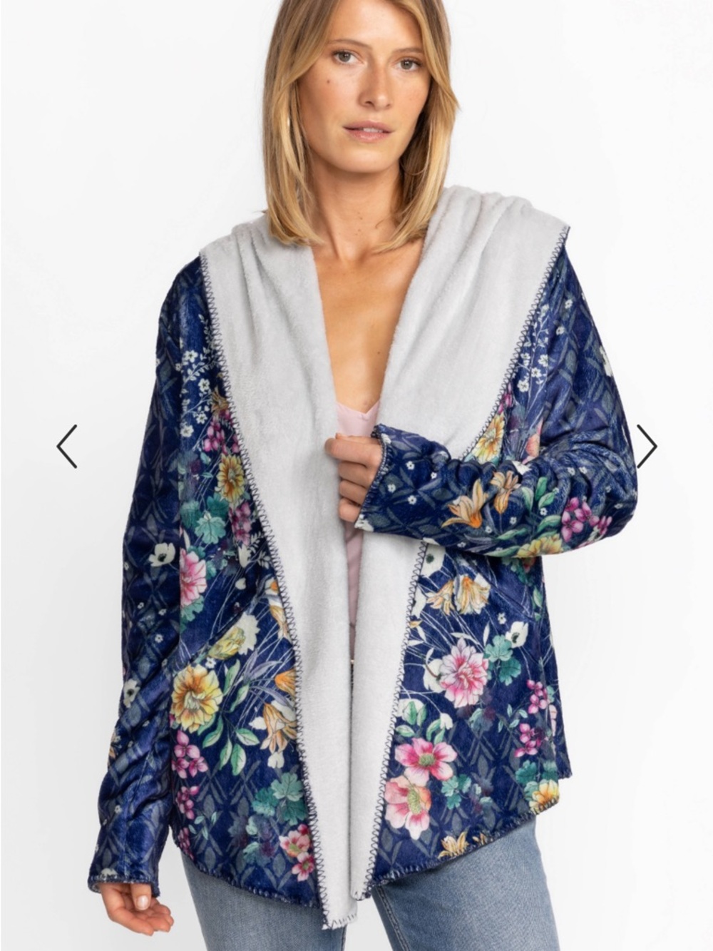 Johnny Was BURSTING ECHO SHERPA JACKET Floral Navy Plush-Lined Hooded Cardigan